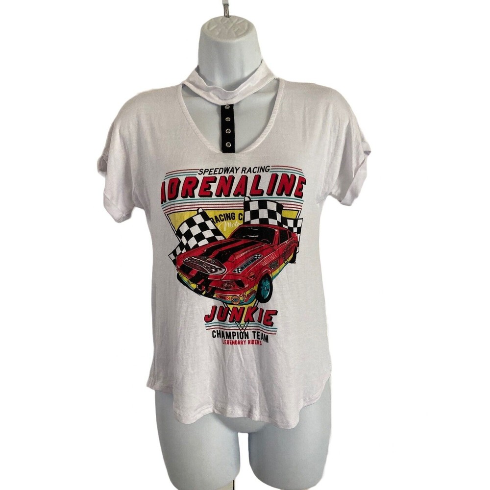 Atticute Womens Graphic T Shirt Top Womens XS White Racing Adrenaline Junkie NWT